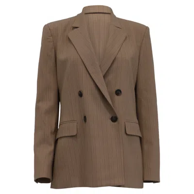 Maje Pinstriped Double-breasted Blazer With Pockets In Brown Wool