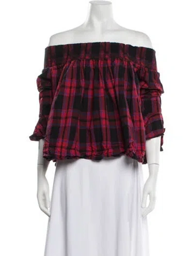 Pre-owned Maje Plaid Print Off-the-shoulder Blouse In Red