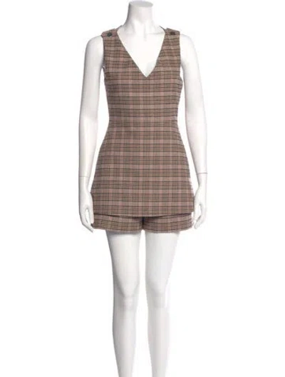 Pre-owned Maje Plaid Print V-neck Romper In Brown