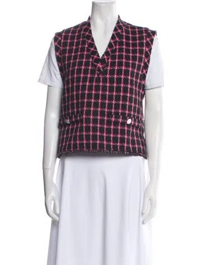 Pre-owned Maje Plaid Print V-neck Top In White