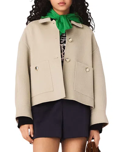 Maje Pleated Back Wool Blend Jacket In Neutral