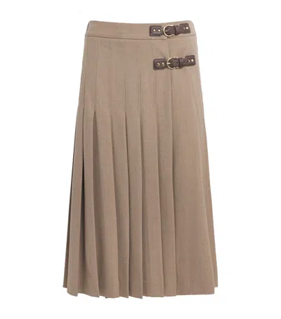 Maje Pleated Buckle-detail Midi Skirt In Beige