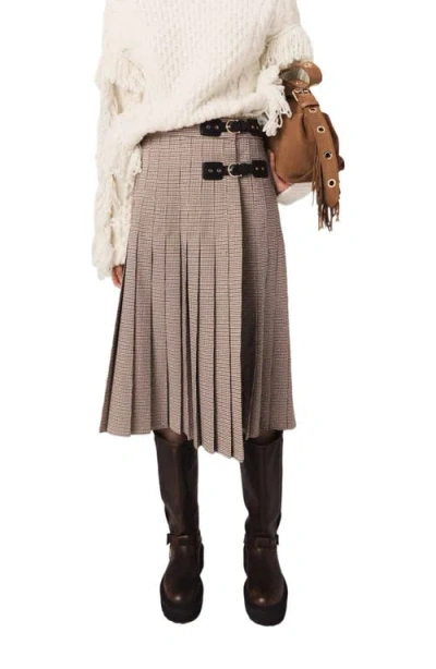 Maje Pleated Checked Midi Skirt In Brown