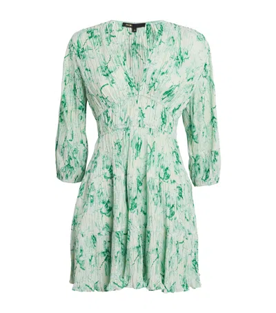 Maje Pleated Floral Mini Dress In Green