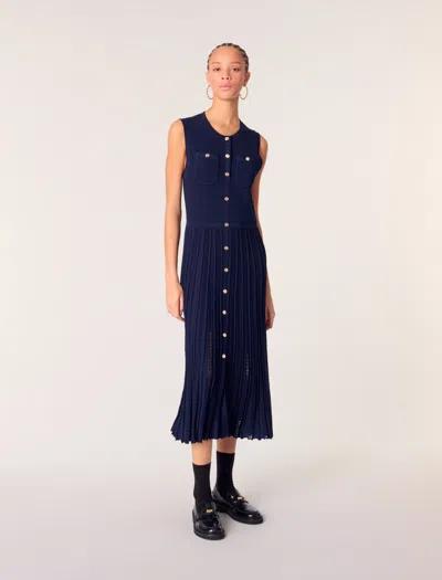Maje Pleated Knit Maxi Dress In Navy