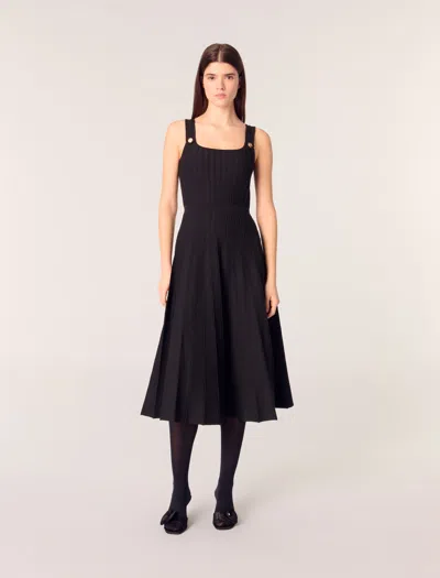 Maje Pleated Knit Midi Dress In Black
