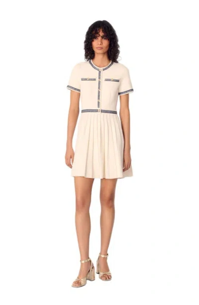 Maje Pleated Knit Short Dress In Ecru