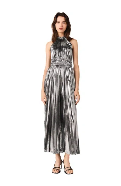 Maje Pleated Maxi Dress In Silver