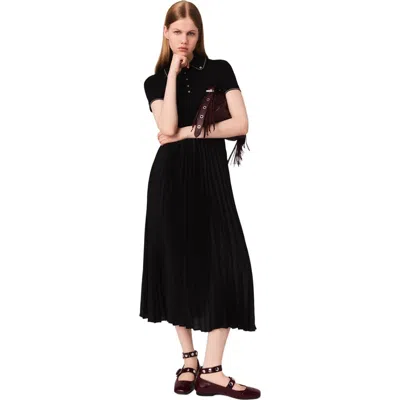 Maje Pleated Maxi Dress With Polo Collar In Black