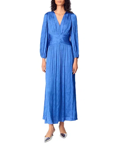 Maje Pleated Satin Maxi Dress In Bleu