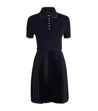 Maje Pleated-skirt Polo Mini Dress In Blue