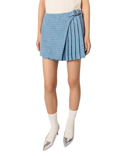 Maje Pleated Tweed Skort In Blue