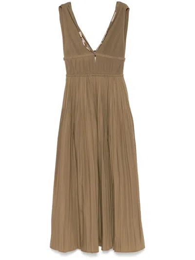 Maje Plissé Midi Dress In Brown