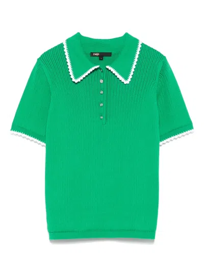 Maje Pointelle-knit Crochet Polo Top In Green / White