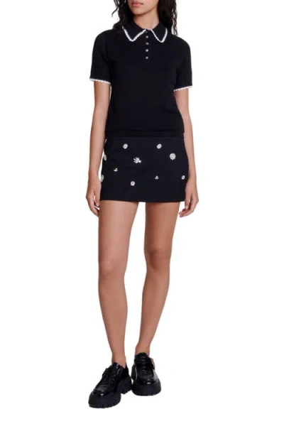 Maje Pointelle Knit Polo Shirt In Black