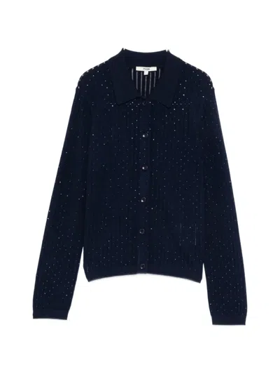 Maje Pointelle-knit Rhinestone-embellished Cardigan In Blue