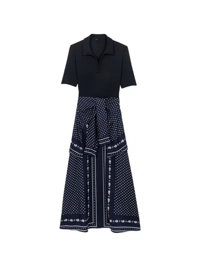 Maje Womens Navy Polka Dot Bandana Polo-collar Patterned Woven Midi Dress In Black