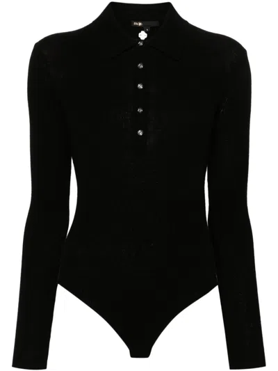 Maje Polo Collar Fine-ribbed Bodysuit In Black