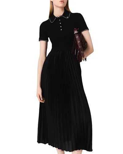 Maje Polo Collar Pleated Maxi Dress In Black