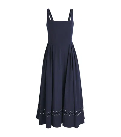 Maje Poplin Embroidered Midi Dress In Blue