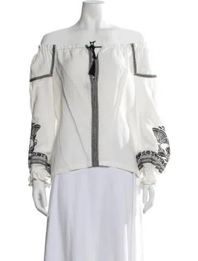 Pre-owned Maje Printed Off-the-shoulder Blouse In White
