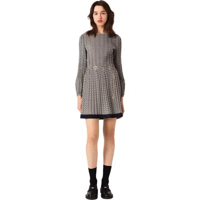 Maje Printed Pleated Mini Dress In Gray