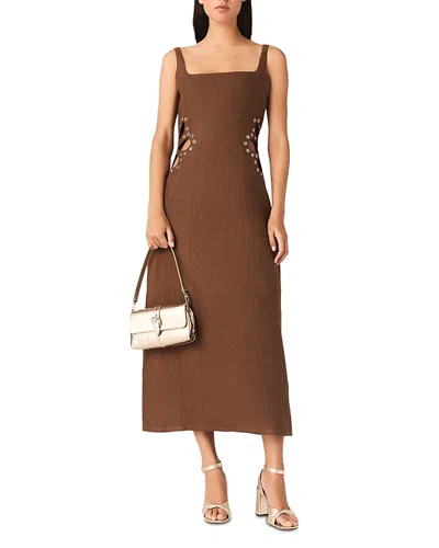 Maje Womens Brown Square-neck Cut-out Linen Maxi Dress
