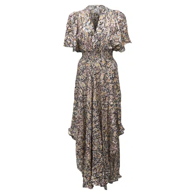 Maje Rachelle Floral Print Smocked Midi Dress In Multicolor Viscose