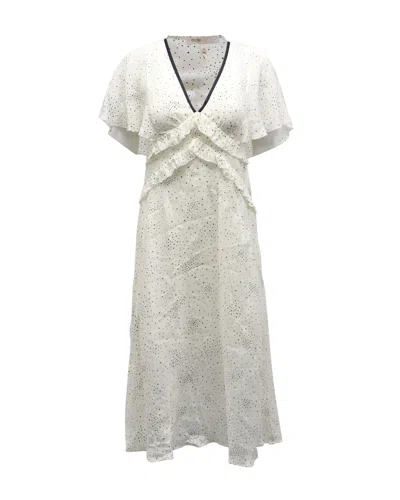 Maje Racky Ruffled Printed Midi Dress In Ivory Cupro In Grey