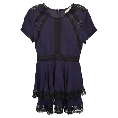 Pre-owned Maje Raglia Tiered Lace-inset Dress In Navy Blue Viscose