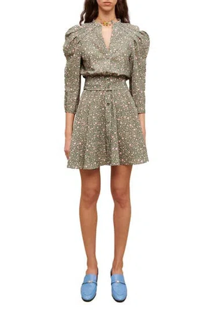 Maje Pleated Floral-print Woven Mini Dress In Grey Green