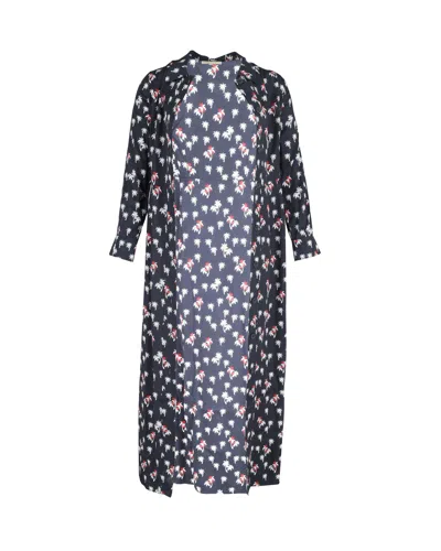 Maje Rawane Palm-print Long-sleeve Midi Dress In Navy Blue Silk