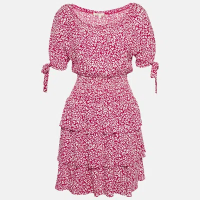 Maje Red Animal Printed Crepe Tiered Off-shoulder Mini Dress In Pink