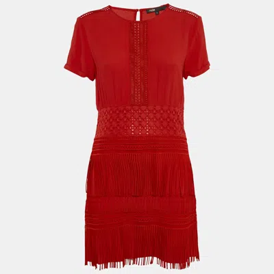 Pre-owned Maje Red Crepe Lace Trim Detail Fringed Mini Dress M