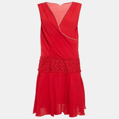 Maje Red Embroidered Tulle Trim Crepe Short Dress