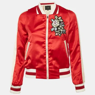 Pre-owned Maje Red Floral Applique Satin Bomber Jacket S