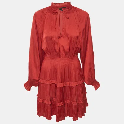 Maje Red Fluid Pleated Satin Ruffle Mini Dress In Burgundy
