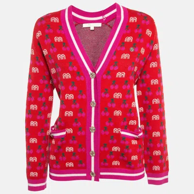Maje Red March Cherry Jacquard Knit Cardigan