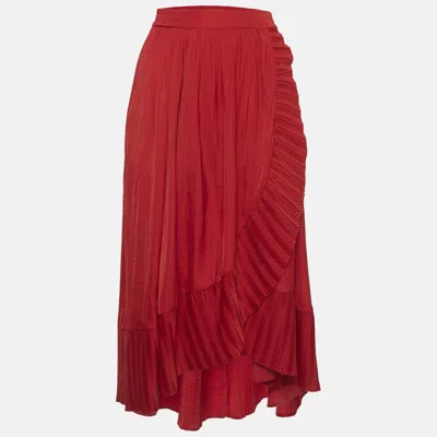Pre-owned Maje Red Plisse Silk Drape Style Midi Skirt S