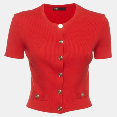 Pre-owned Maje Red Rib Knit Button Front Short Sleeve Cardigan S