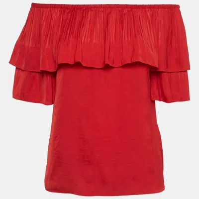 Maje Red Satin Plisse Ruffled Top