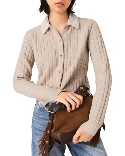 Maje Womens Beige Beaded Removable-collar Stretch Wool-blend Cardigan In Neutral