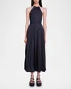 Maje Revilly Pleated Satin Maxi Dress In Black
