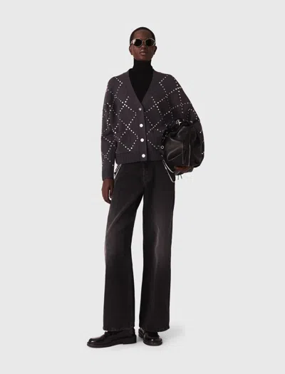 Maje Rhinestone Check Cardigan In Brown