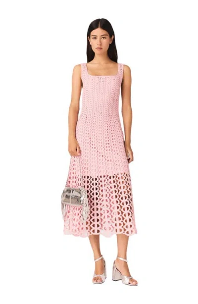 Maje Womens Pink Square-neck Rhinestone-embellished Crochet Midi Dress