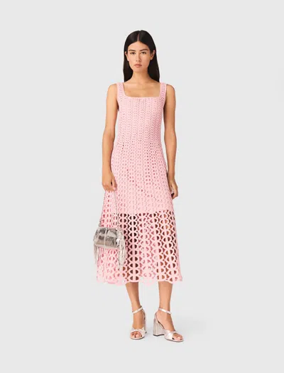 Maje Womens Pink Square-neck Rhinestone-embellished Crochet Midi Dress