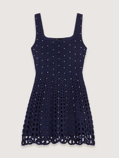 Maje Rhinestone Crochet Short Dress In Navy