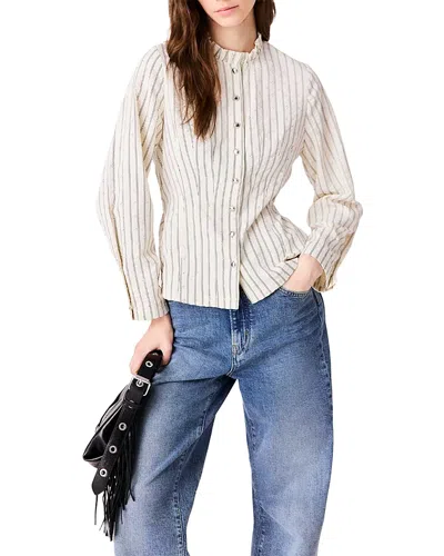 Maje Rhinestone High Ruffle Neck Shirt In Neutral