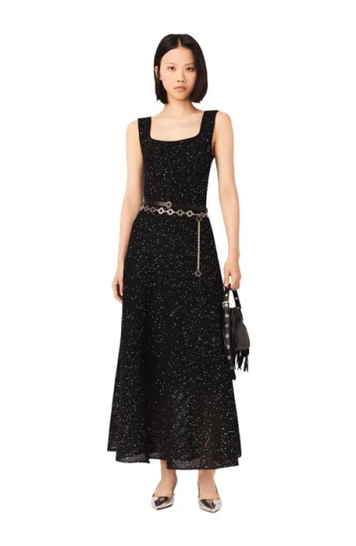 Maje Womens Black Square-neck Rhinestone-embellished Knitted Maxi Dress