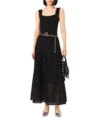 Maje Womens Black Square-neck Rhinestone-embellished Knitted Maxi Dress